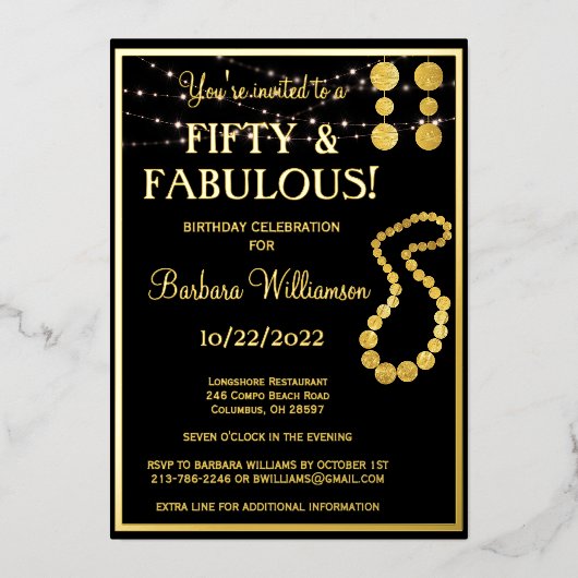 フィフティ&ファブラス誕生日ブラック実在金ゴールド 箔招待状 (正面)