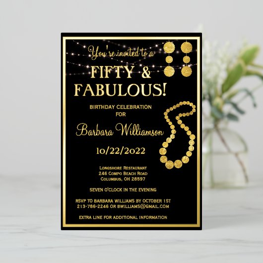 フィフティ&ファブラス誕生日ブラック実在金ゴールド 箔招待状 (立ち正面)