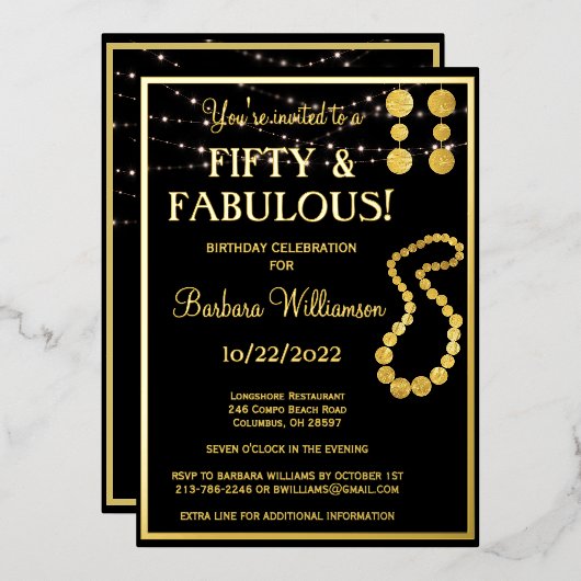 フィフティ&ファブラス誕生日ブラック実在金ゴールド 箔招待状 (正面/裏面)