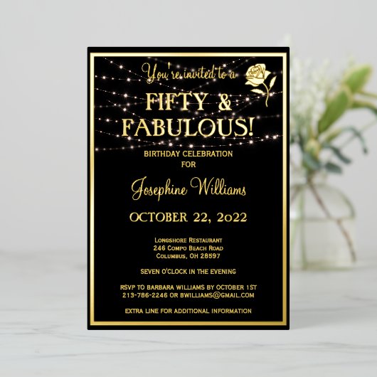 フィフティ&ファブラス誕生日ブラック実在金ゴールド 箔招待状 (立ち正面)