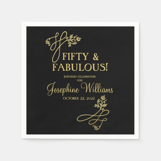 フィフティ&ファブラス誕生日ブラック金ゴールド スタンダードカクテルナプキン (正面)