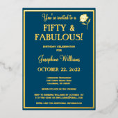 フィフティ&ファブラス誕生日ブルー実在金ゴールド 箔招待状 (正面)