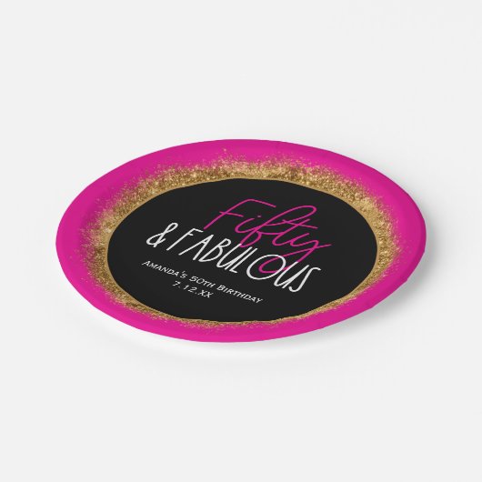 フィフティ&ファブラス50誕生日wカスタム文字ブラック ペーパープレート (アングル)