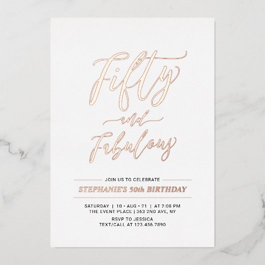 フィフティ&ファブラス |バラ金ゴールド50th Birthday Party 箔招待状 (正面)