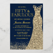 フィフティ&ファブルースゴールドフォイルネイビー50誕生日 箔招待状 (正面)