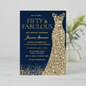 フィフティ&ファブルースゴールドフォイルネイビー50誕生日 箔招待状 (立ち正面)