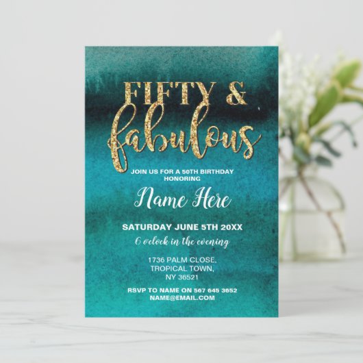 フィフティ&素晴らしいバースデーパーティーティール（緑がかった色）50th招待状 招待状 (スタンド正面)