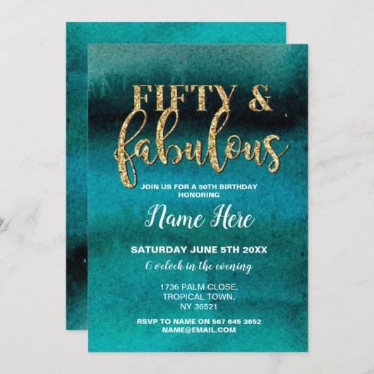 フィフティ&素晴らしいバースデーパーティーティール（緑がかった色）50th招待状 招待状 (正面/裏面)