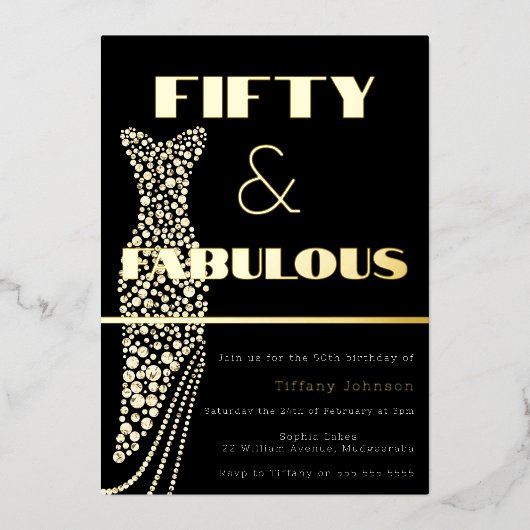 フィフティ&素晴らしいヴィンテージドレス金ゴールド50th誕生日 箔招待状 (正面)