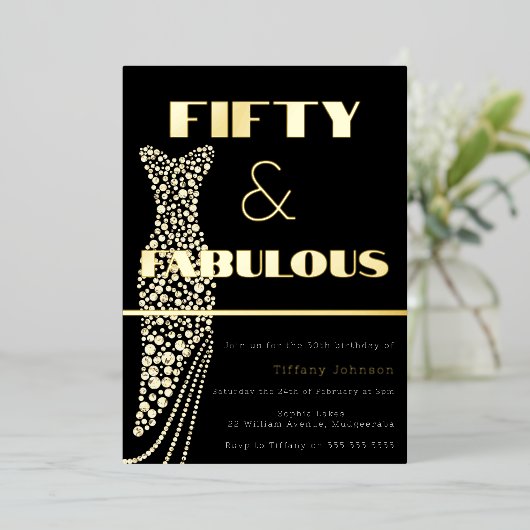 フィフティ&素晴らしいヴィンテージドレス金ゴールド50th誕生日 箔招待状