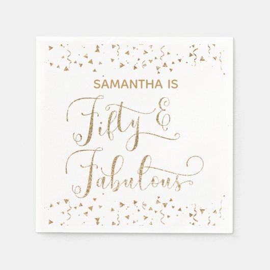フィフティ&素晴らしい金ゴールドグリッター&紙吹雪ホワイト スタンダードカクテルナプキン (正面)