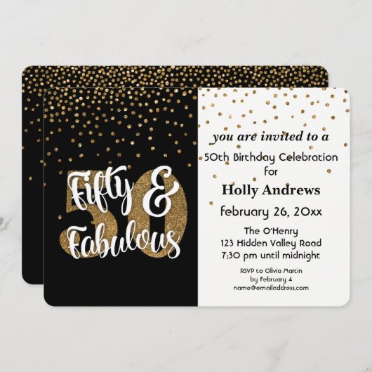 フィフティ&素晴らしい金ゴールドフェイクグリッター誕生日パーティー 招待状 (正面/裏面)