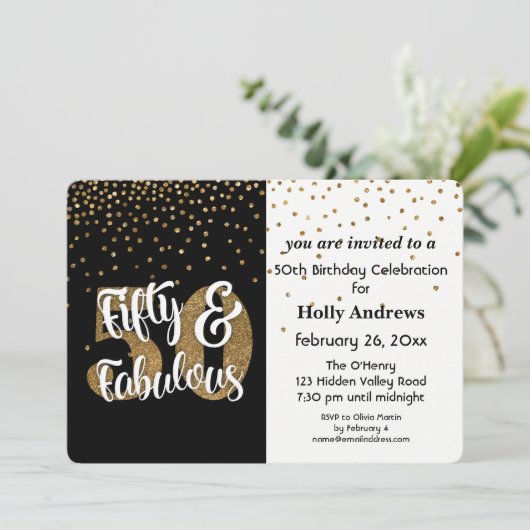 フィフティ&素晴らしい金ゴールドフェイクグリッター誕生日パーティー 招待状 (スタンド正面)