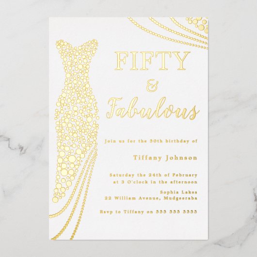 フィフティ&素晴らしい！ゴールドフォイルドレス50誕生日 箔招待状 (正面)