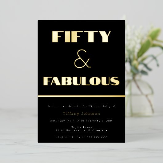 フィフティ&素晴らしい!レトロブラック&金ゴールド50誕生日 箔招待状 (立ち正面)