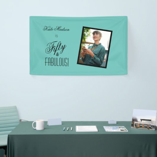 フィフティ&素晴らしい！誕生日ティール（緑がかった色）とブラックフォト 横断幕 (トレードショー)