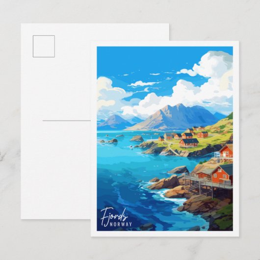 フィヨルドノルウェーヴィンテージ旅行イラストレーション ポストカード (正面/裏面)