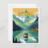 フィヨルドノルウェーヴィンテージ旅行イラストレーション ポストカード (正面/裏面)