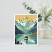 フィヨルドノルウェーヴィンテージ旅行イラストレーション ポストカード (スタンド正面)