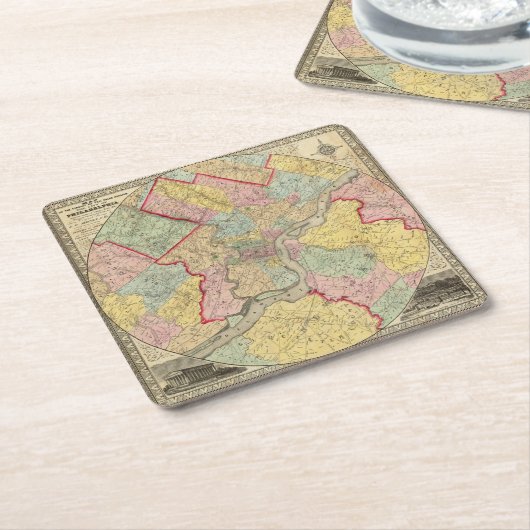 フィラデルヒィア市のまわりの地図 スクエアペーパーコースター (アングル)