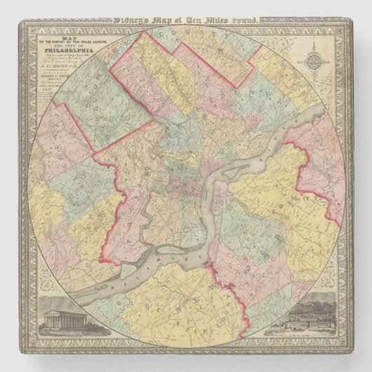 フィラデルヒィア市のまわりの地図 ストーンコースター (正面)