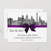 フィラデルフィアのスカイラインエッチングBWパープル日付を保存 案内ポストカード (正面/裏面)