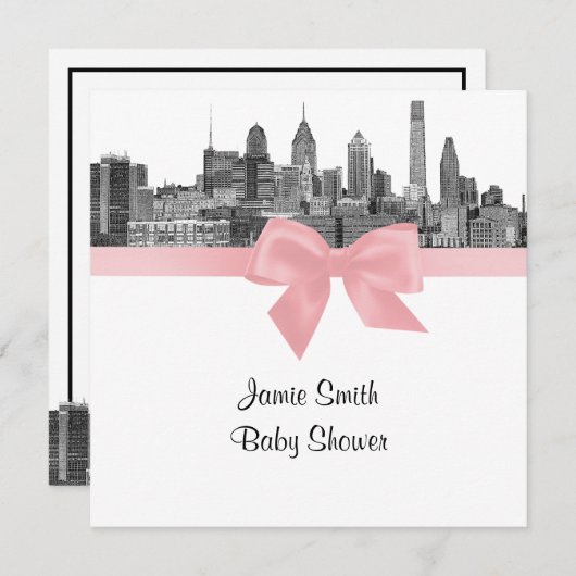 フィラデルフィアのスカイラインエッチングBWピンク赤ちゃんシャワー 招待状 (正面/裏面)