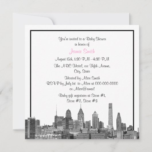 フィラデルフィアのスカイラインエッチングBWピンク赤ちゃんシャワー 招待状 (裏面)