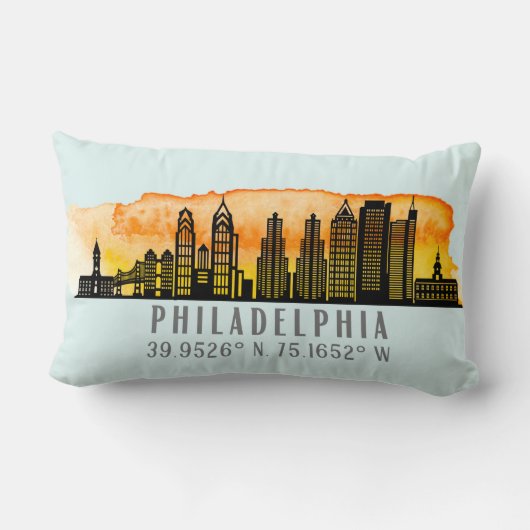 フィラデルフィアの日没スカイラインマップ座標 ランバークッション (裏面)