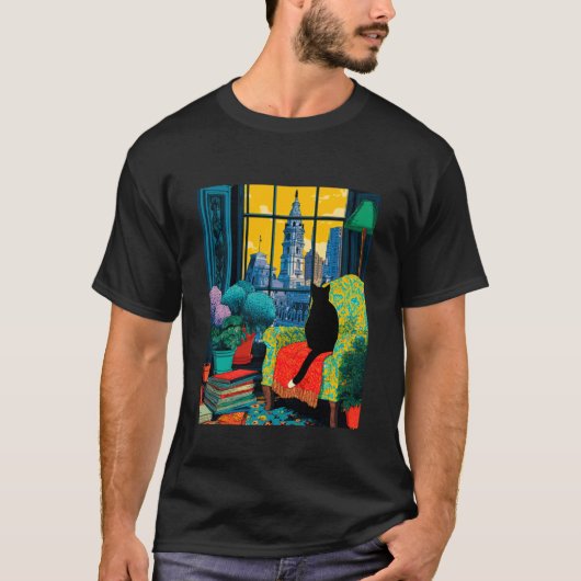 フィラデルフィアの都市スカイライン タキシード猫のイラスト Tシャツ (正面)