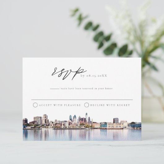 フィラデルフィアシティスカイラインウォーターカラーRSVPポストカード 招待状 (スタンド正面)