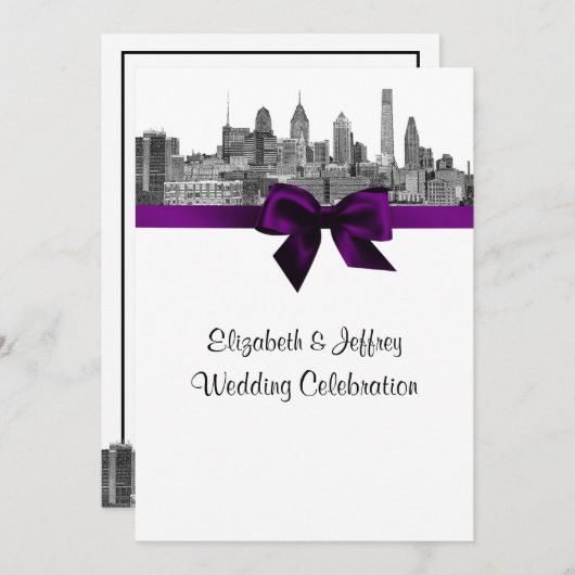 フィラデルフィアスカイラインエッチングBWパープルV結婚ズ 招待状 (正面/裏面)