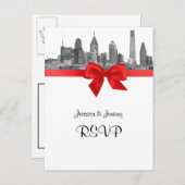 フィラデルフィアスカイラインエッチングBW赤RSVP 1 インビテーションポストカード (正面/裏面)