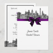 フィラデルフィアスカイラインエッチングBW Purpl Vブライダルシャワー 招待状 (正面/裏面)