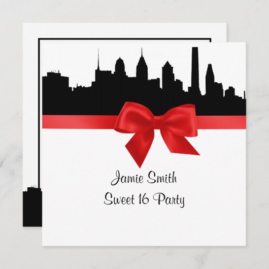 フィラデルフィアスカイラインシルエットレッドSweet sixteen 招待状 (正面/裏面)