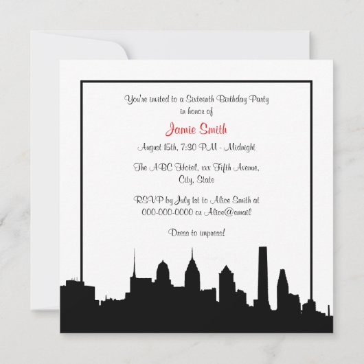 フィラデルフィアスカイラインシルエットレッドSweet sixteen 招待状 (裏面)