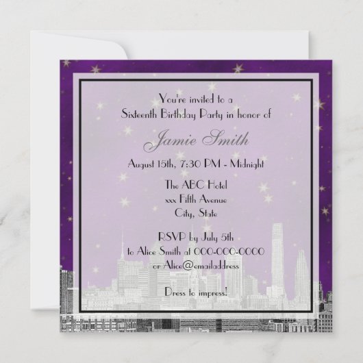 フィラデルフィアスカイラインパープル金ゴールドスタースイート16 招待状 (裏面)