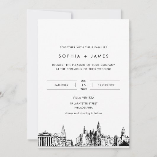 フィラデルフィアスカイライン結婚式招待状と写真 招待状 (正面)
