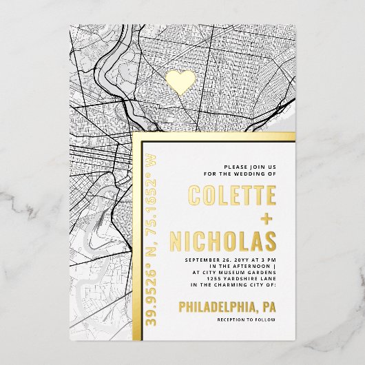 フィラデルフィア愛ロケータ |シティテーマ結婚の 箔招待状 (正面)