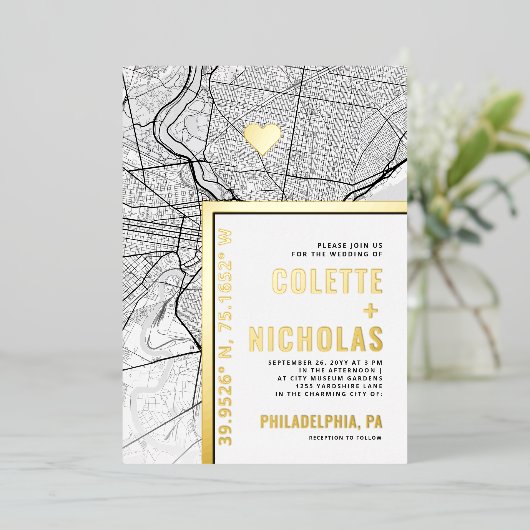 フィラデルフィア愛ロケータ |シティテーマ結婚の 箔招待状 (立ち正面)