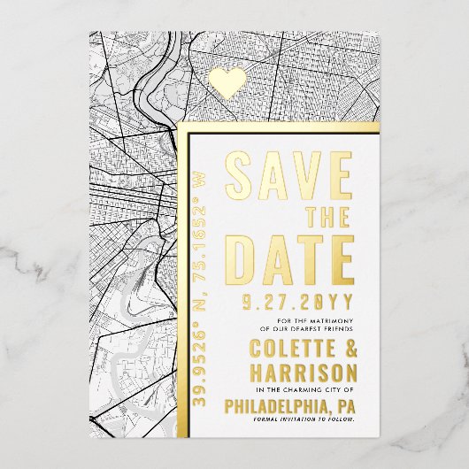 フィラデルフィア愛ロケータ |結婚式の日付の保存 箔招待状 (正面)