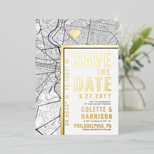 フィラデルフィア愛ロケータ |結婚式の日付の保存 箔招待状 (立ち正面)