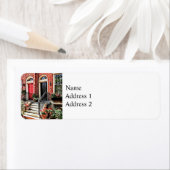 フィラデルフィアPAタウンハウスウィズレッドゲラニウムズ ラベル (インサイチュ)