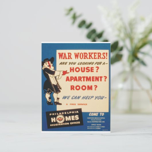 フィラデルフィ救済アの戦戦労働者が住宅を見つけることができる ポストカード (スタンド正面)