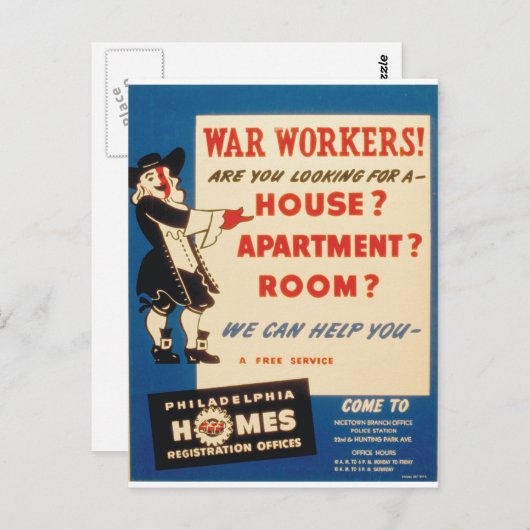 フィラデルフィ救済アの戦戦労働者が住宅を見つけることができる ポストカード (正面/裏面)