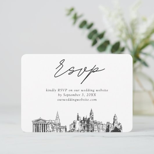 フィラデルフィ結婚アのミニマリストスケッチRSVP エンクロージャーカード (スタンド正面)