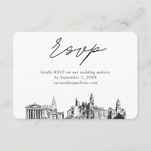 フィラデルフィ結婚アのミニマリストスケッチRSVP エンクロージャーカード (正面)