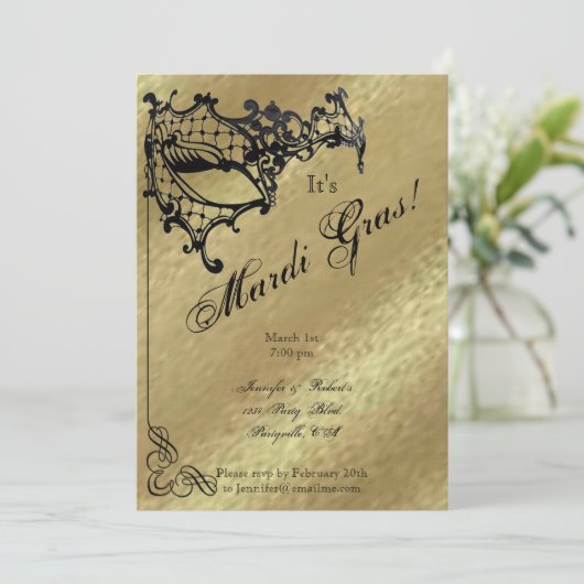 フィリグラマスクオン金ゴールドマルディグラスパーティー 招待状 (スタンド正面)