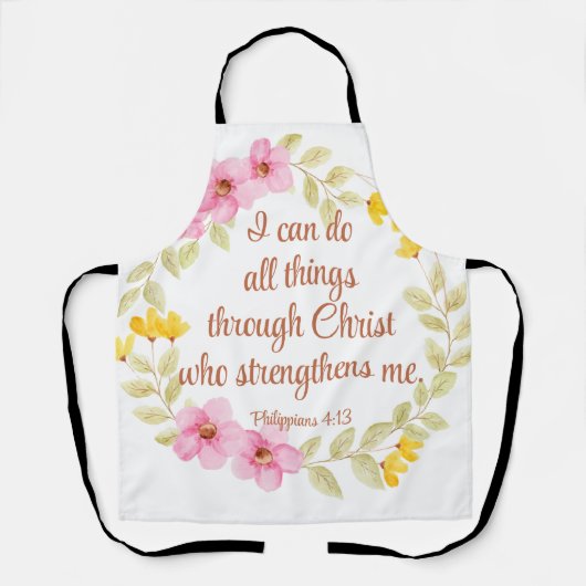 フィリップ4:13ピンクと黄色のフローラ聖なる書物、 経典 エプロン (正面)