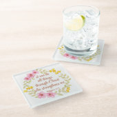 フィリップ4:13ピンクと黄色のフローラ聖なる書物、 経典 ガラスコースター (アングル)